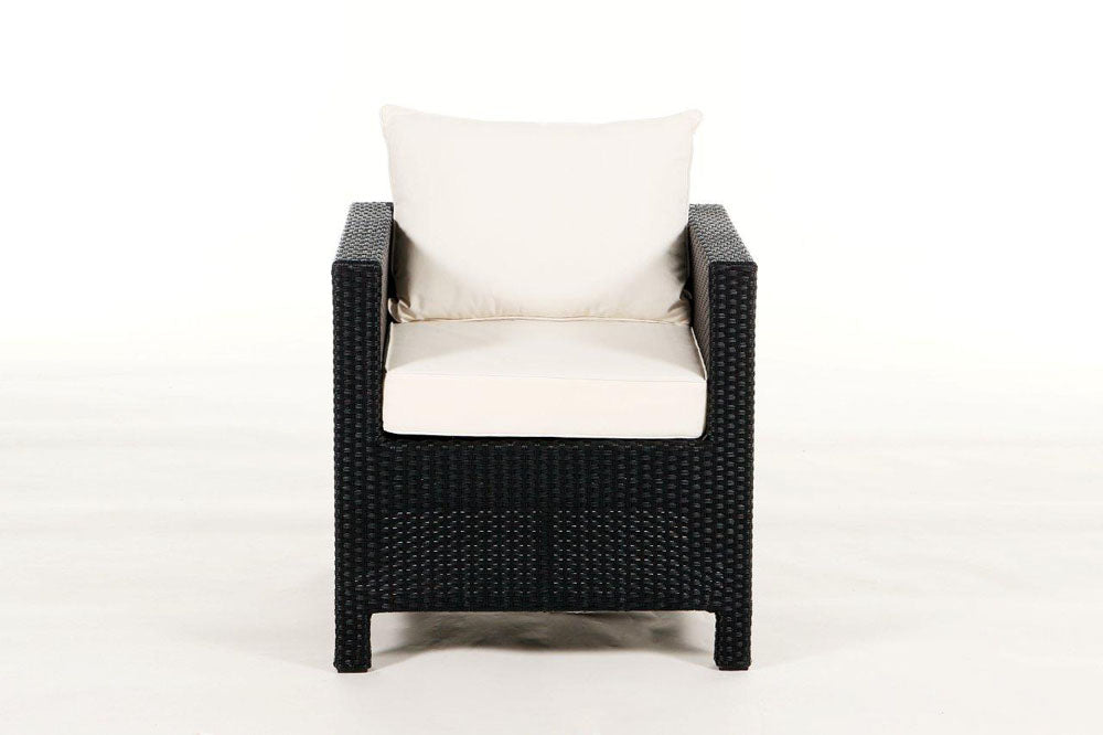 Rattan Sessel Sola schwarz mit bequemer, heller Polsterung für den Outdoor-Bereich