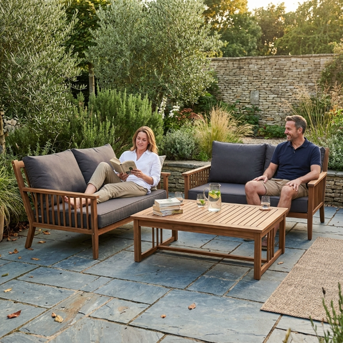 Belleair Holz Gartenmöbel im Outdoor-Stil mit bequemen Sitzkissen und Tisch