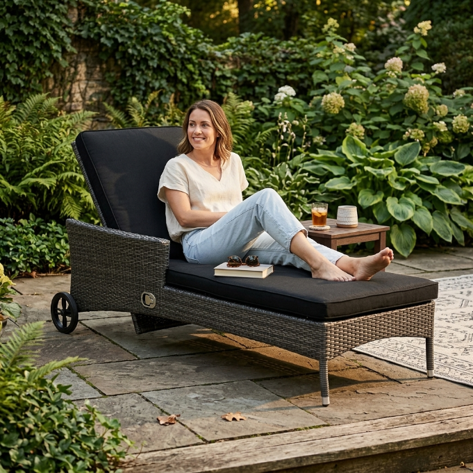 Bombay Liegestuhl mix grau mit Polster für Outdoor Lounge und Garten Terrasse