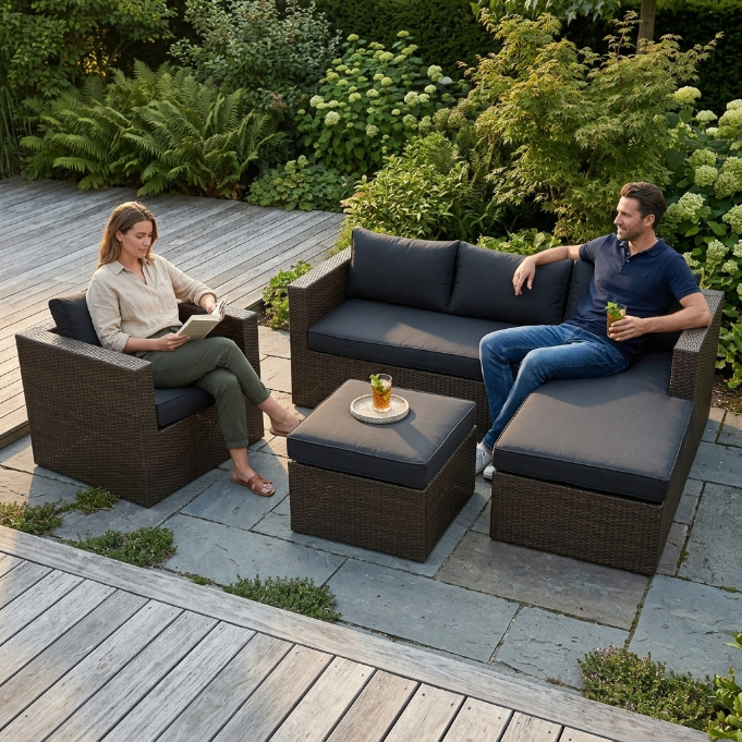 Bombay Rattan Lounge braun mit Coffee Table Polster für Garten und Terrasse