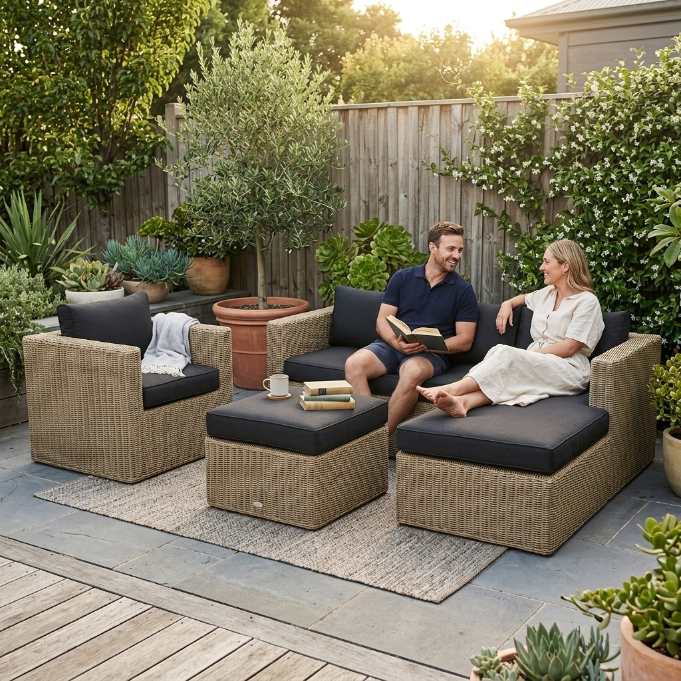 Bombay Rattan Lounge natural mit Coffee Table Polster für Garten Terrasse