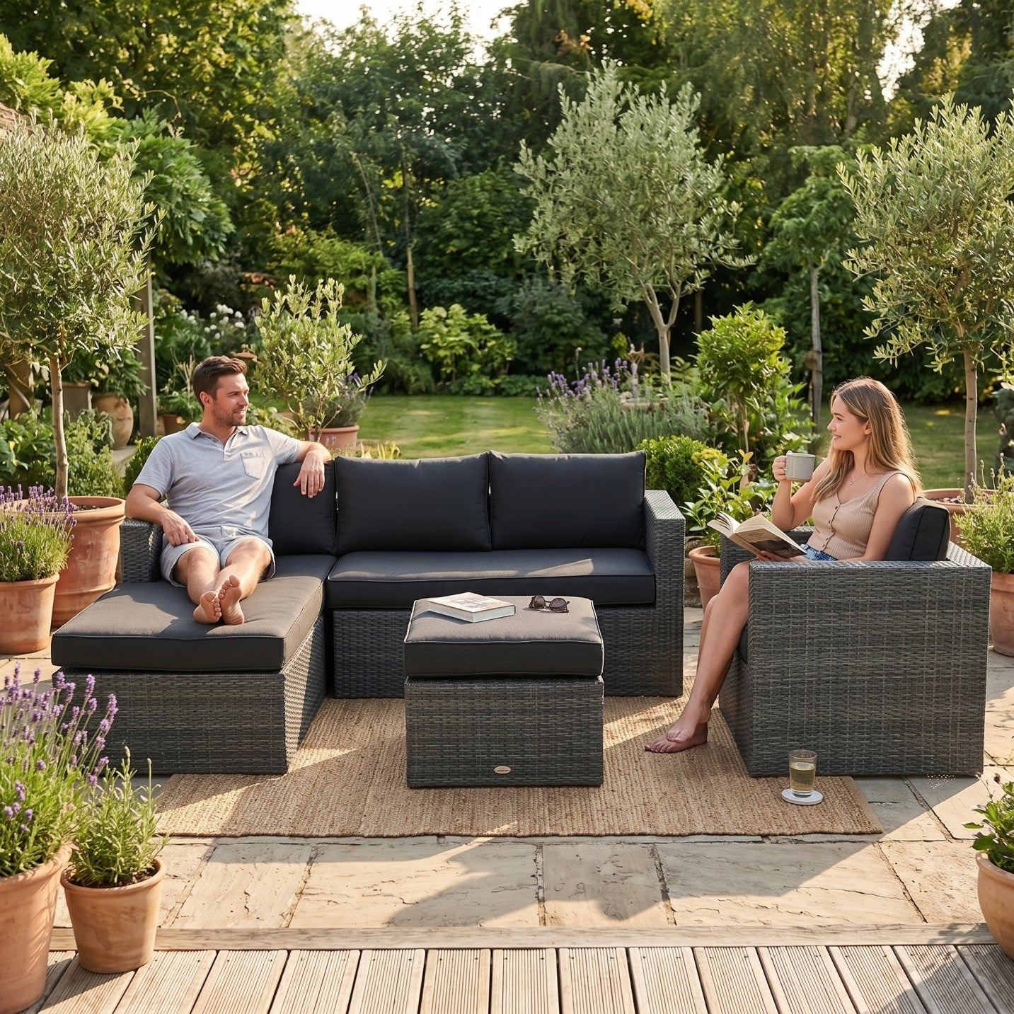 Bombay Rattan Lounge rechts mit Coffee Table Polster für Garten und Terrasse
