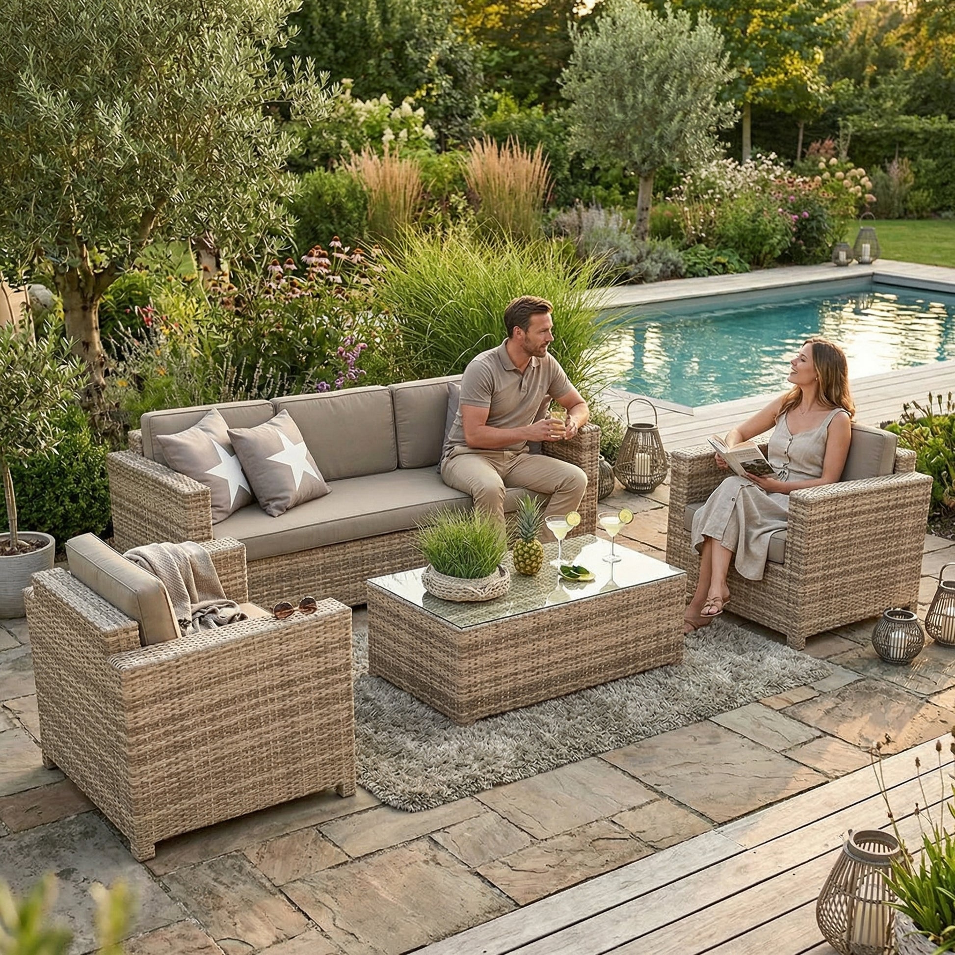 Bona Dea Lounge 3er Set aus Rattan für Outdoor im natürlichen Design