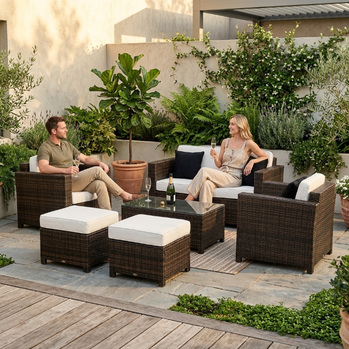 Bona Dea Rattan Lounge braun mit hellen Polstern für Garten und Terrasse