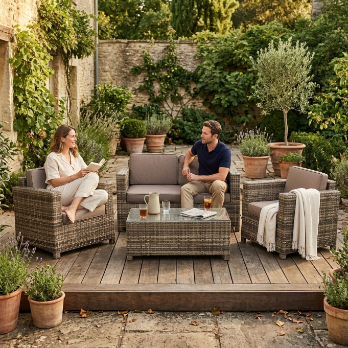 Rattan Lounge-Sitzgruppe in Naturfarbe von Gartenmöbel