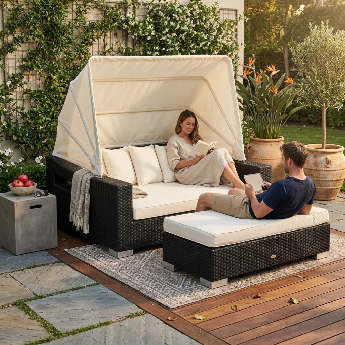 Outdoor Lounge Set schwarz mit Polster und Sonnendach für Garten
