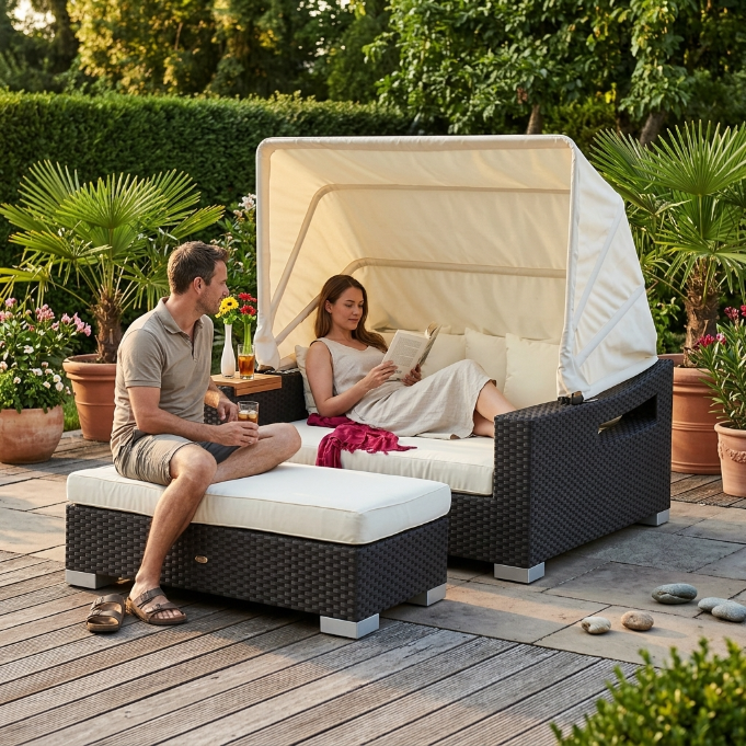 Capri Chair Sonnenliege mit Bank schwarz für Outdoor Lounge im Garten