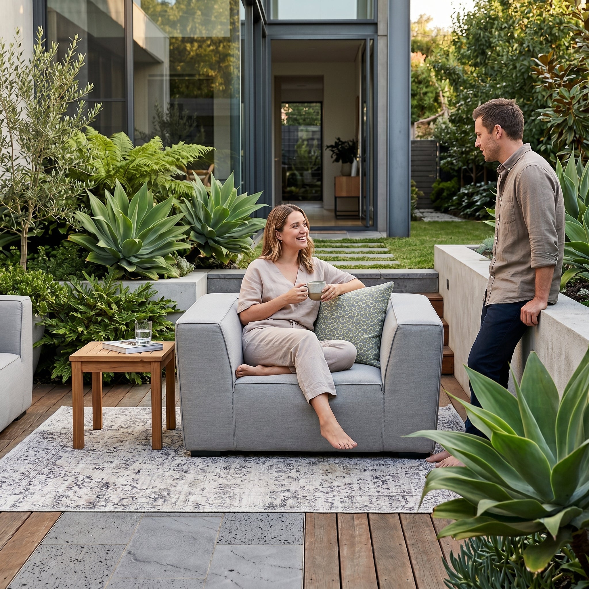 Grau Chefsessel aus Sunbrella-Stoff für Outdoor-Garten mit modernem Design