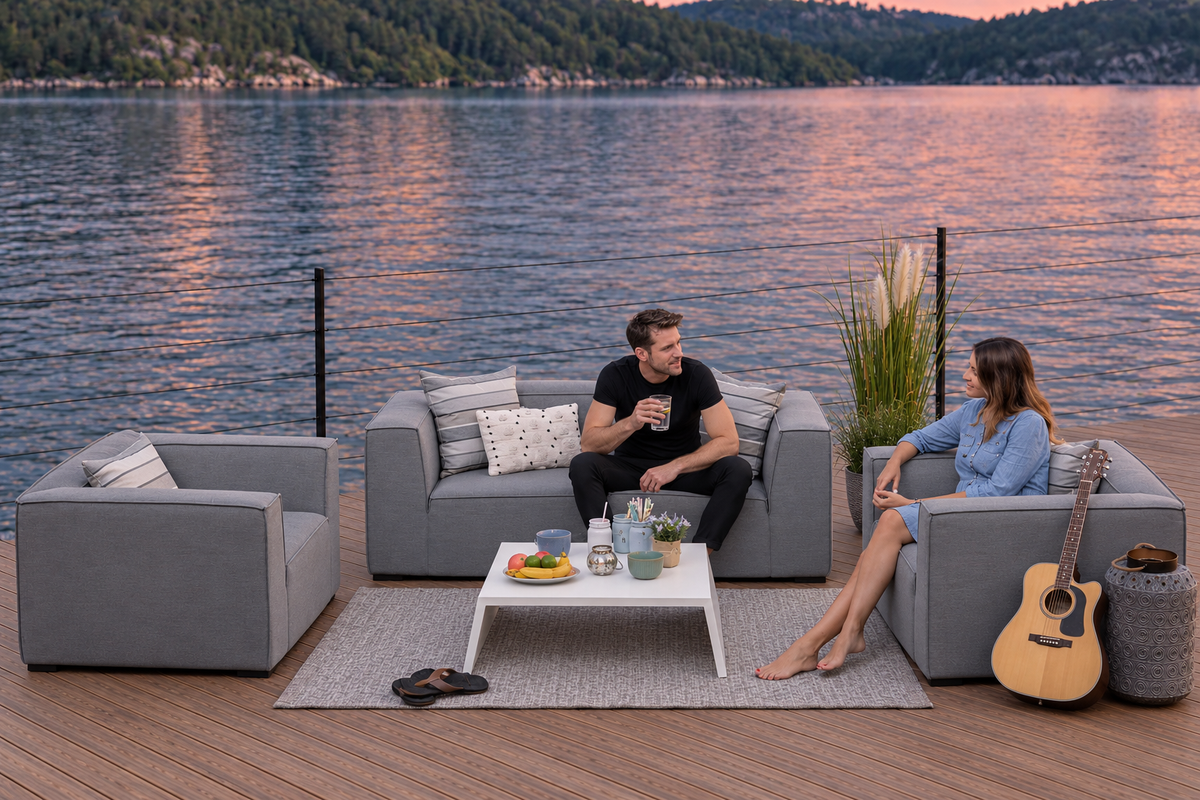 Graue Gartenlounge mit 2er-Sofa, zwei Sesseln und weissem Loungetisch auf einer Holzterrasse am See, mit zwei Personen und Gitarre in sanfter Abendstimmung.