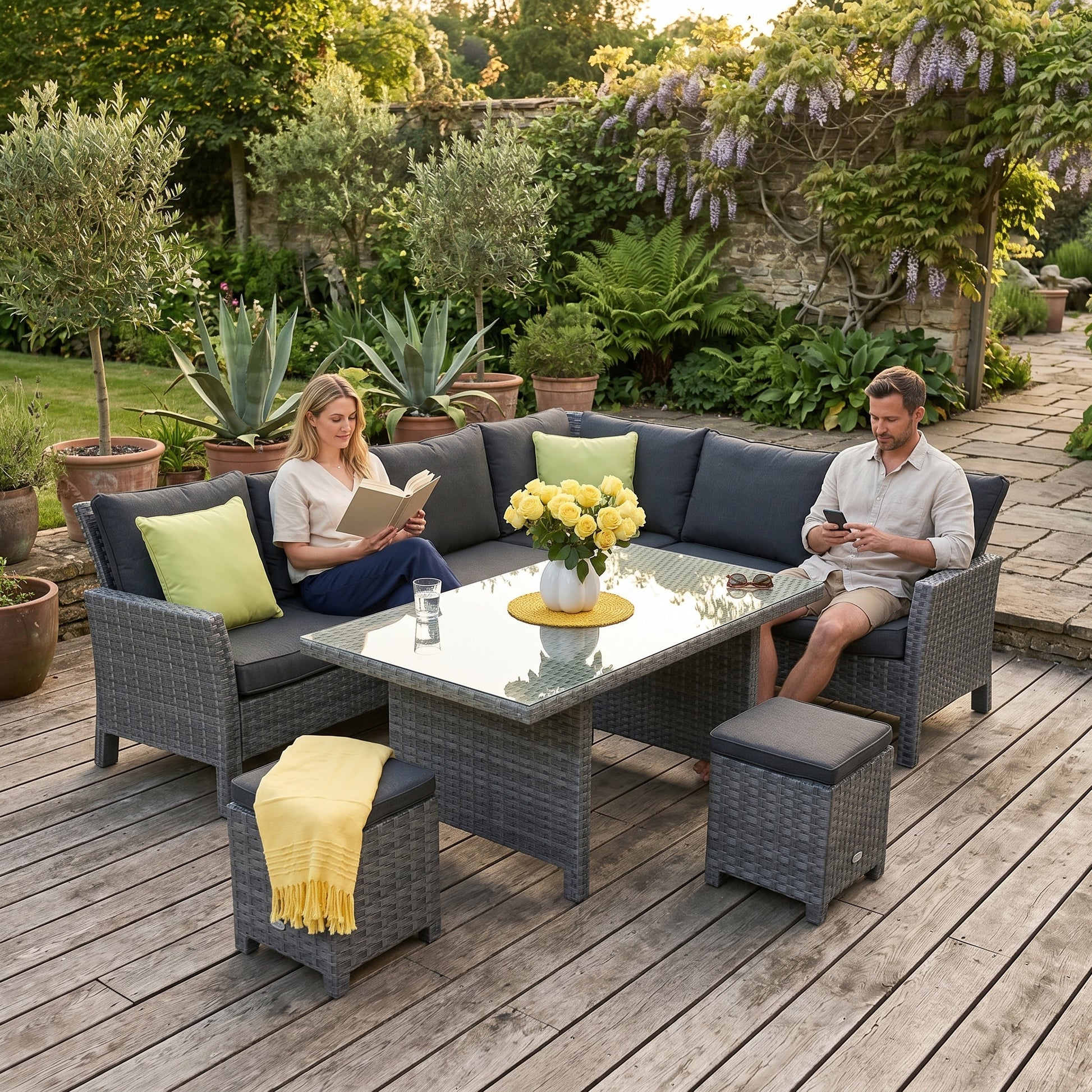 Darling Rattan Lounge Dining mix grau für den Outdoor-Garten mit Kissen