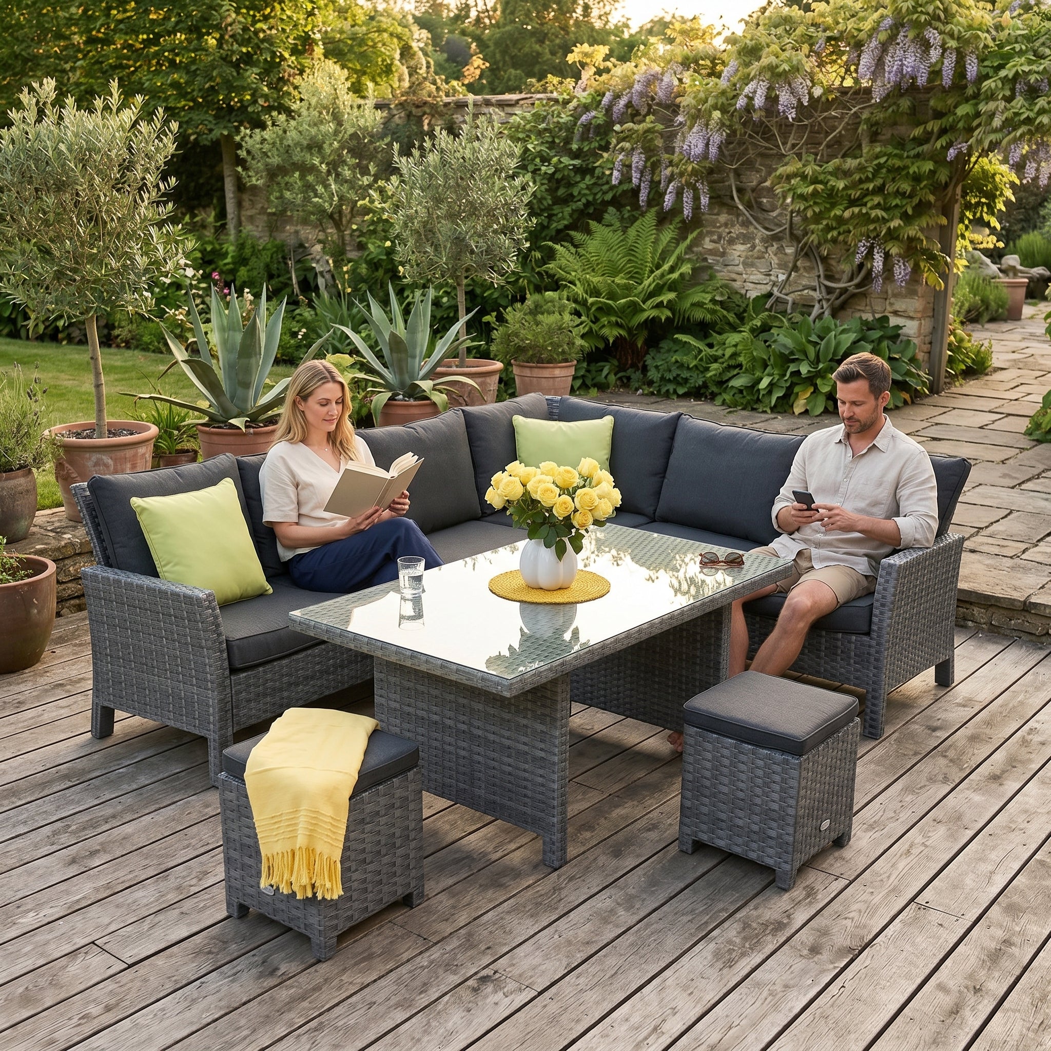 Darling Rattan Lounge Dining mix grau für den Outdoor-Garten mit Kissen