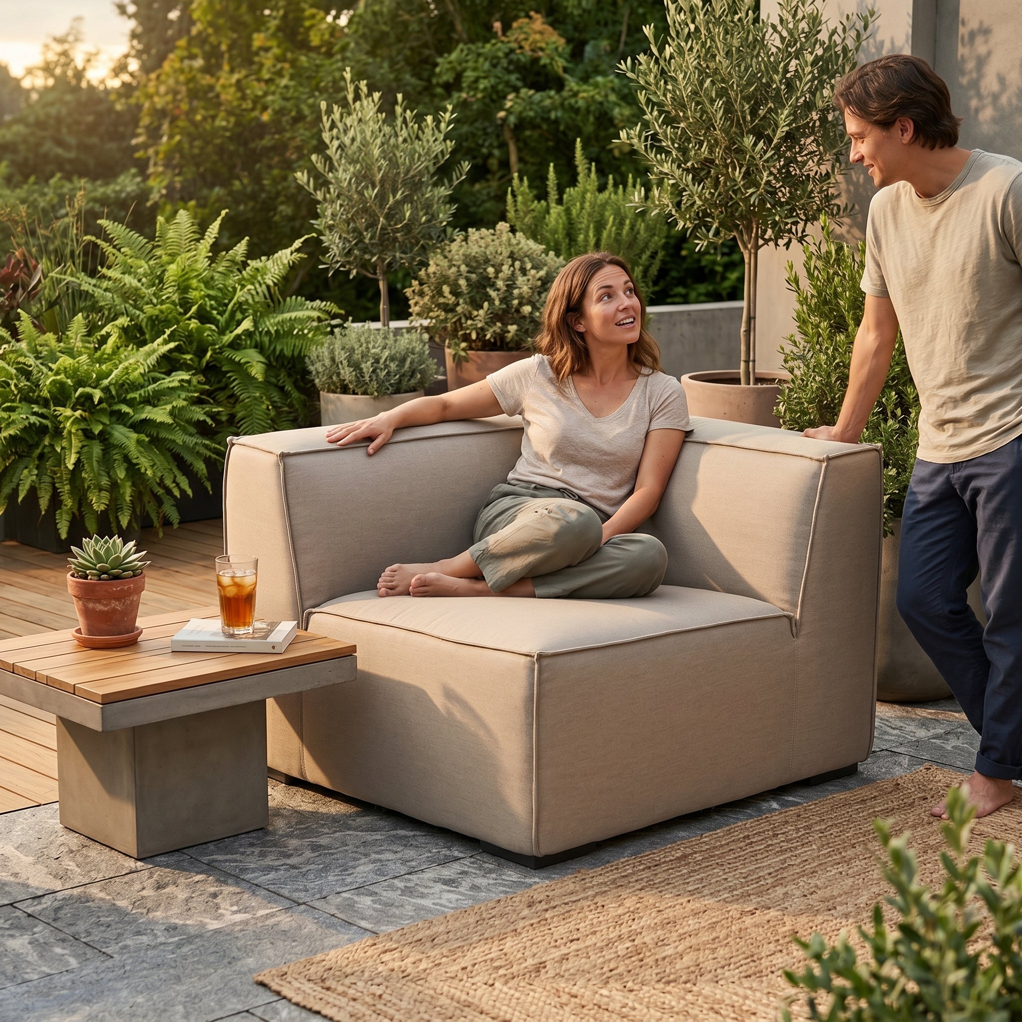 Eckelement aus Sunbrella-Stoff in sandbraun für den Outdoor-Gartenbereich