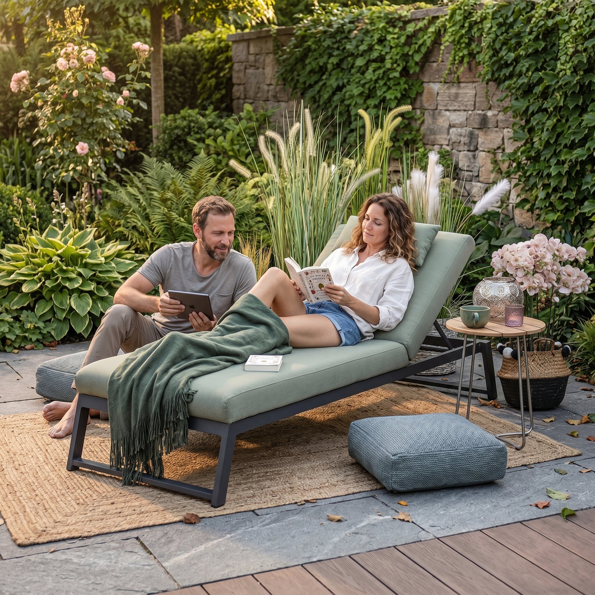 Ellbrella Outdoor Liegestuhl in forestgreen für den Garten mit bequemer Rückenlehne