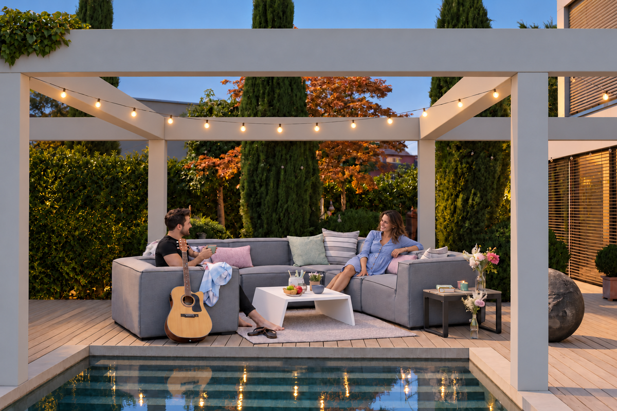 Graue Gartenlounge Elvira mit Tisch, Gitarre und zwei Personen auf einer Holzterrasse am Pool unter beleuchteter Pergola in sanfter Abendstimmung.