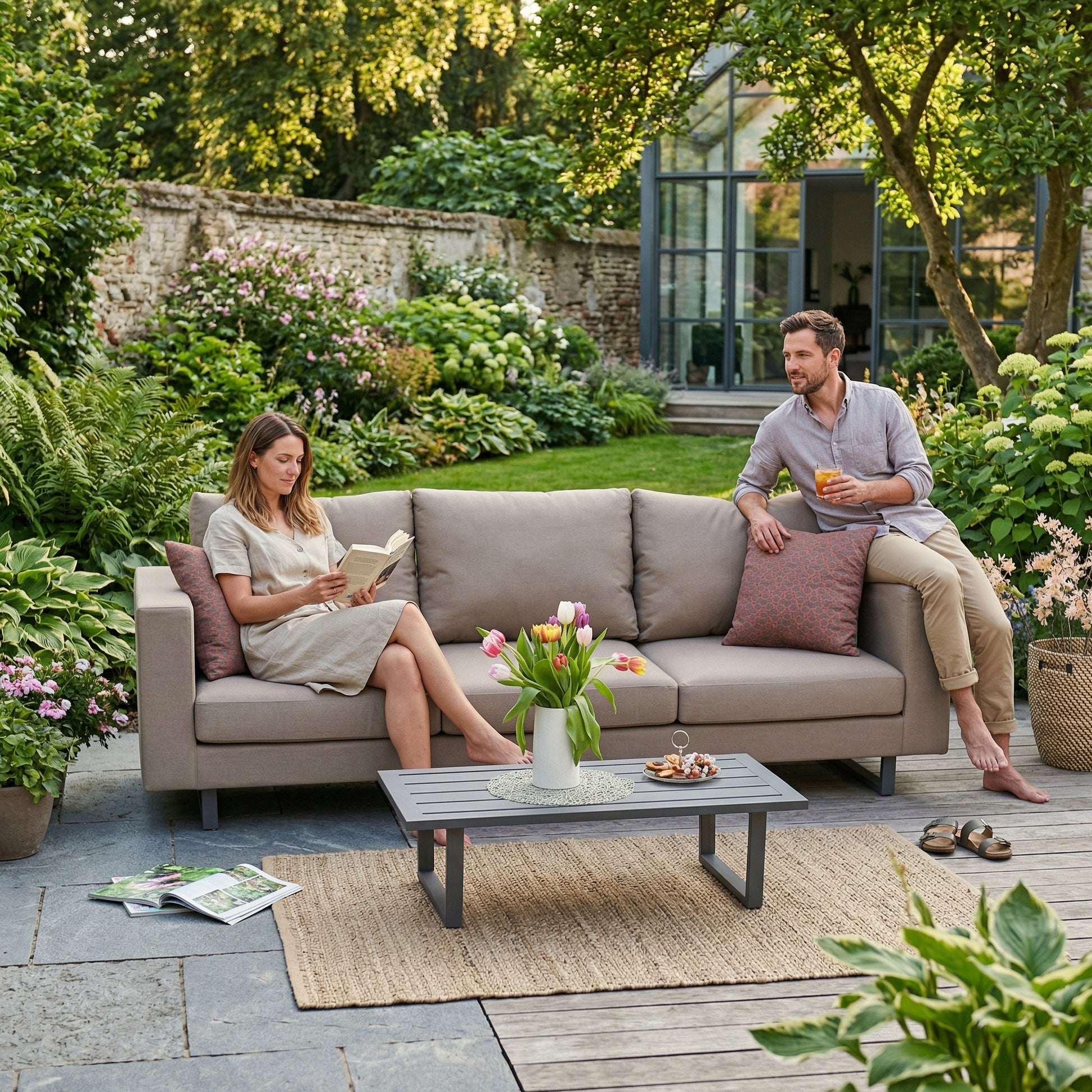 Garten Lounge Surya Sunbrella Outdoor Sofa in sandbraun mit Kissen und Tisch