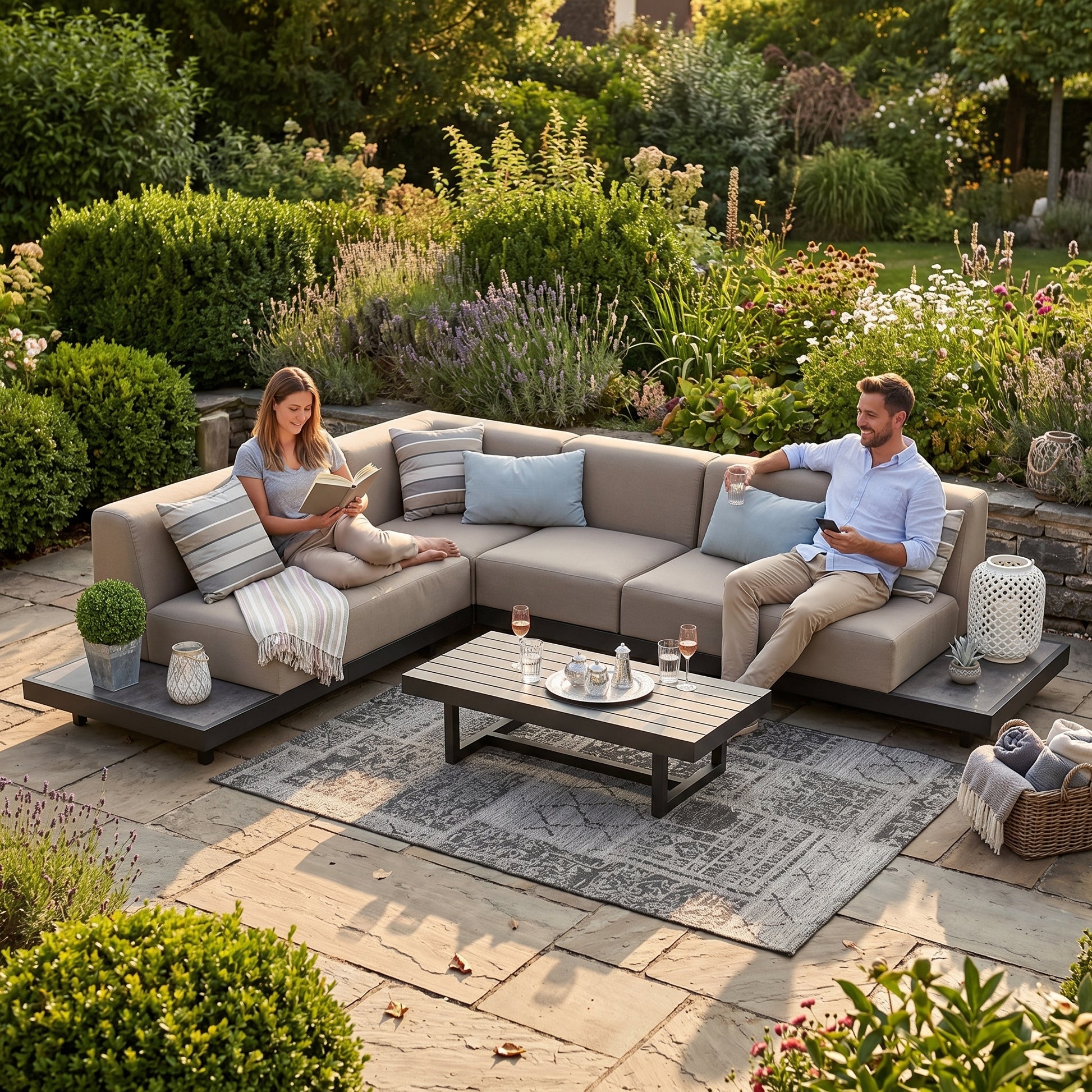 Gartenlounge Samu in sandbraun für Outdoor-Bereich mit gemütlichen Kissen