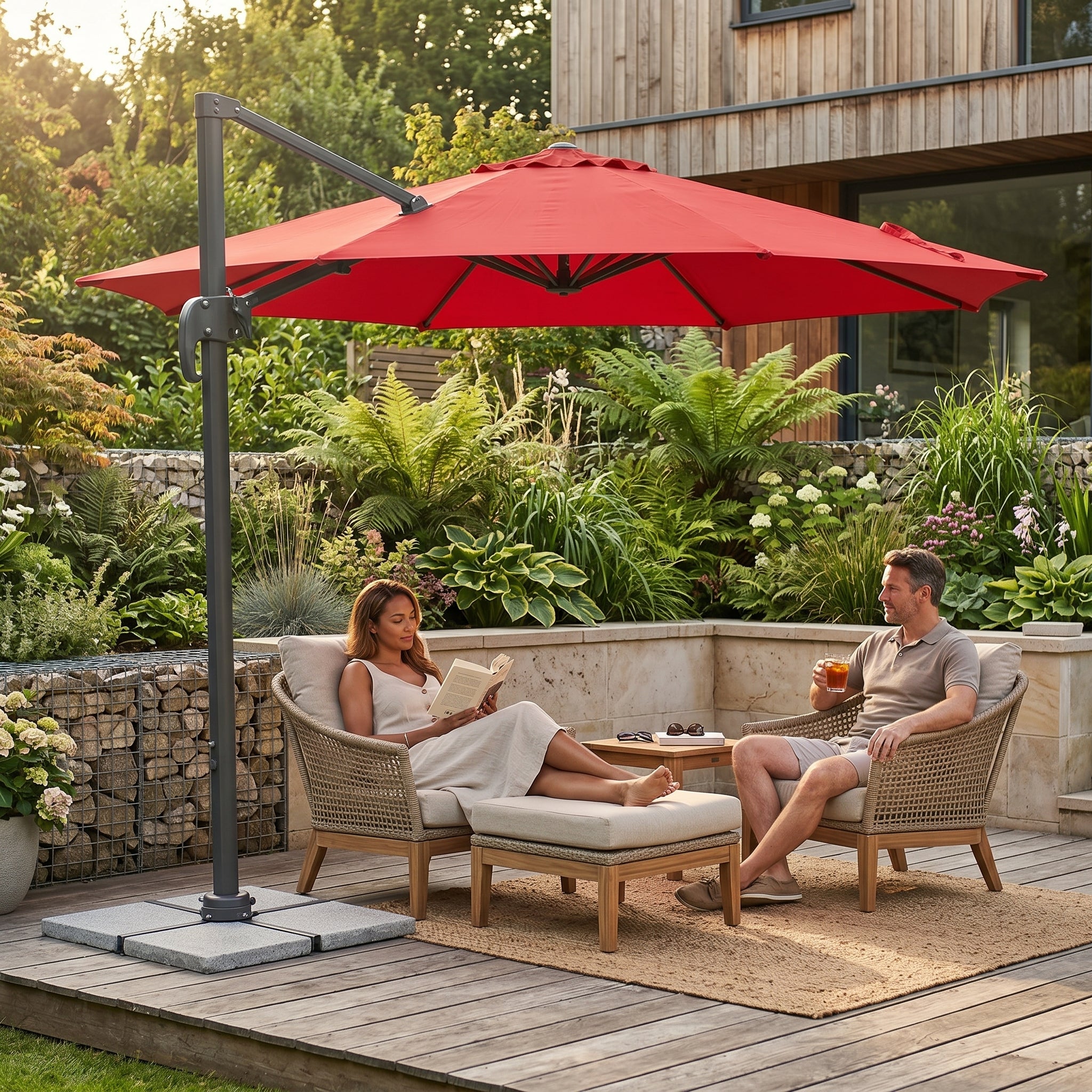 Granitplatten dreieckig für Sonnenschirm Ninja rot im Outdoor Gartenbereich