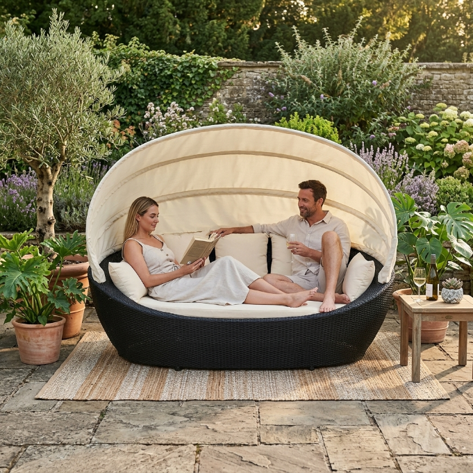 Happy Island Rattan Liege schwarz mit Sonnendach für Garten und Terrasse