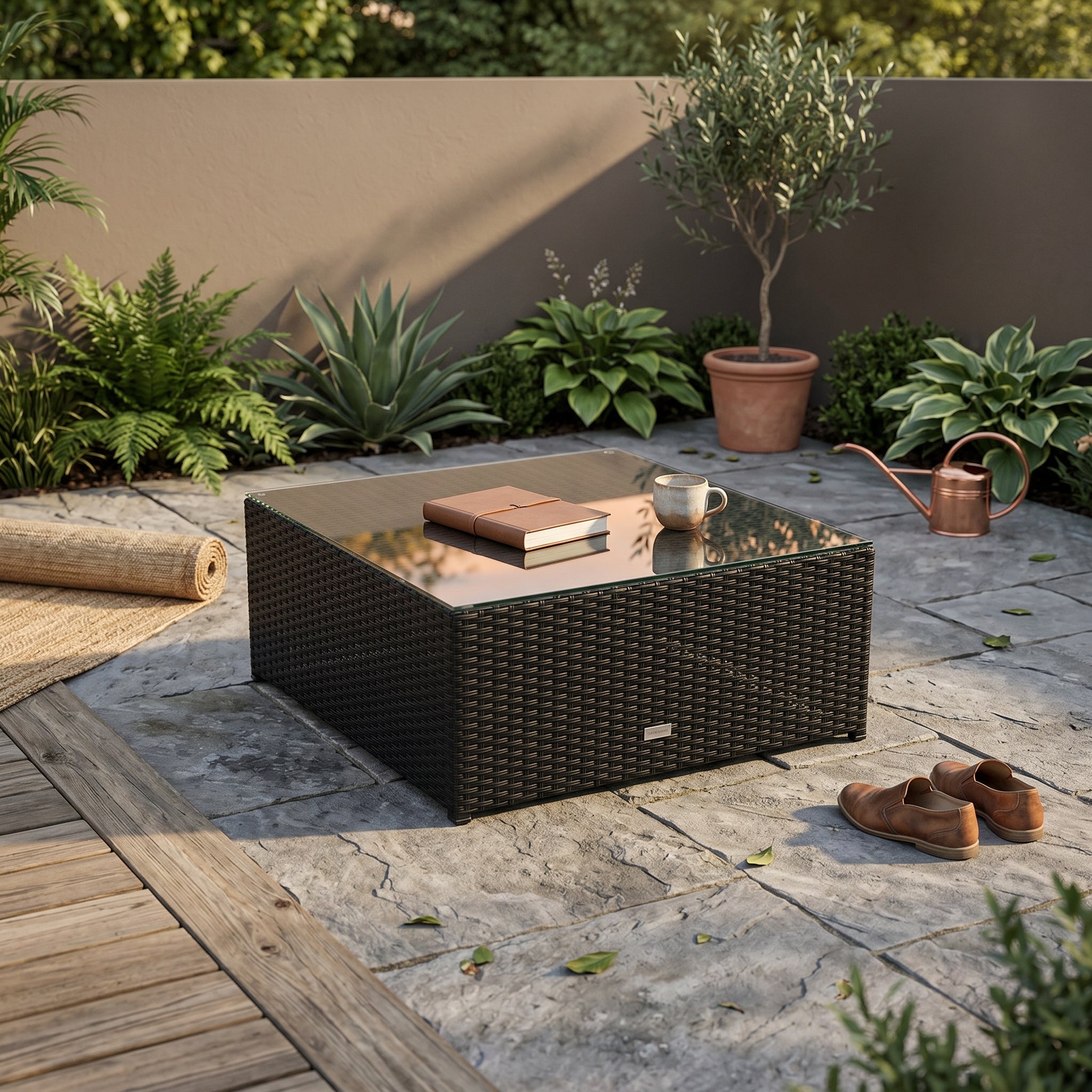 Ibiza Lounge Glasplatte für Bank im Outdoor-Garten mit Pflanzen und Dekoration