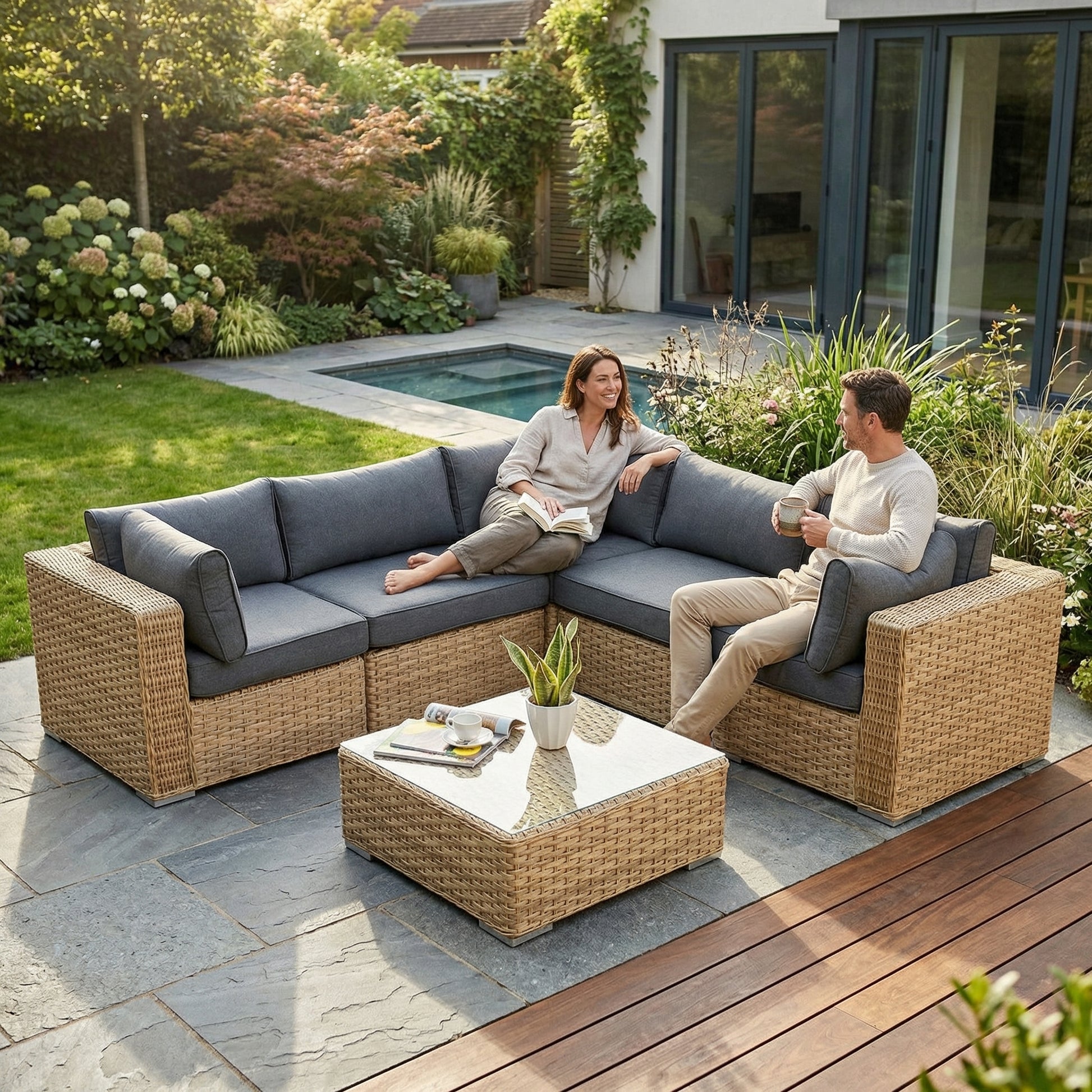 Kobra Rattan Gartenmöbel Lounge natural mit grauen Polstern für Terrasse