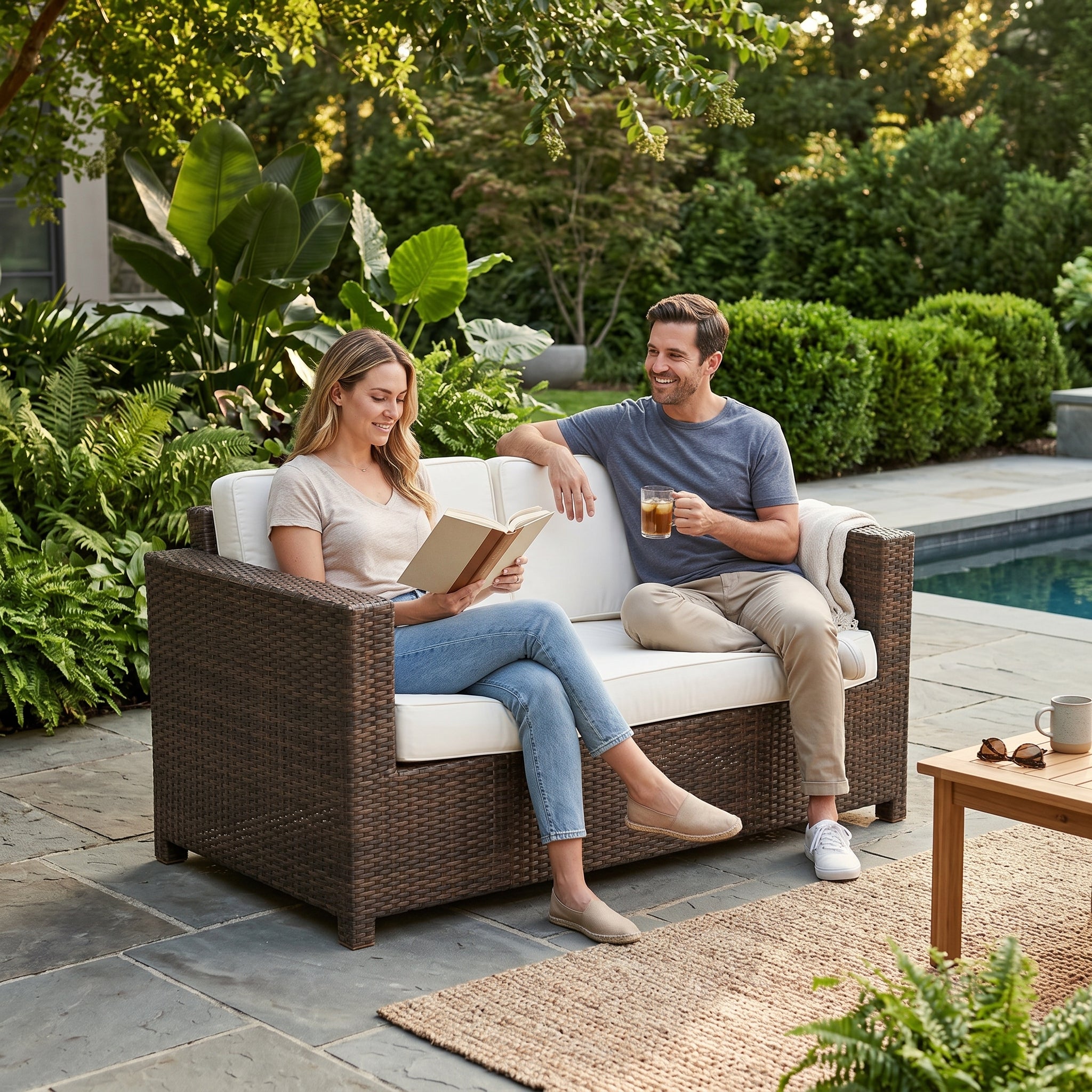 Lagos Rattan Gartenlounge 2-Sitzer in braun für Outdoor-Bereich mit Kissen