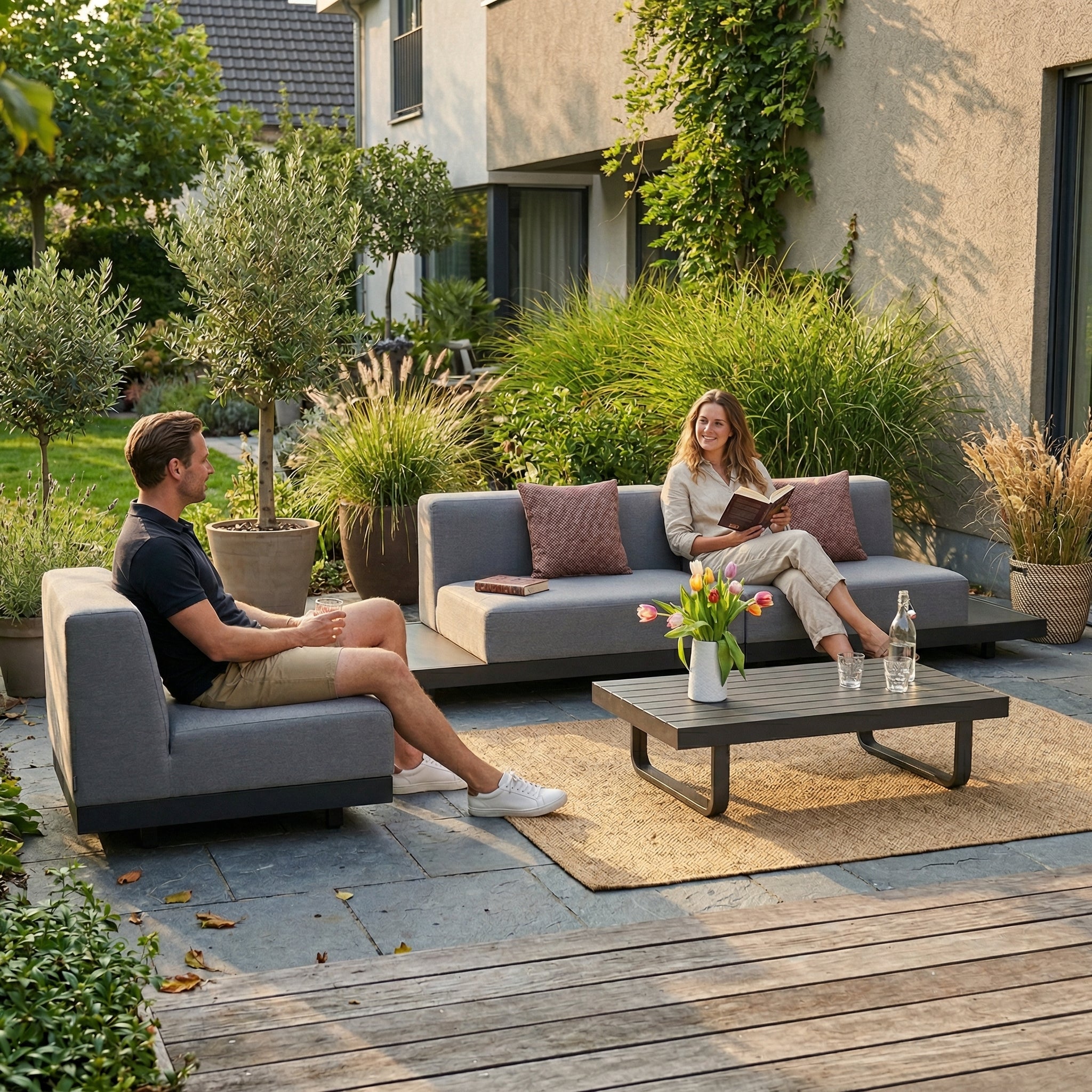 Lounge Outdoor Watson in grauem Stoff für Garten mit gemütlichen Kissen