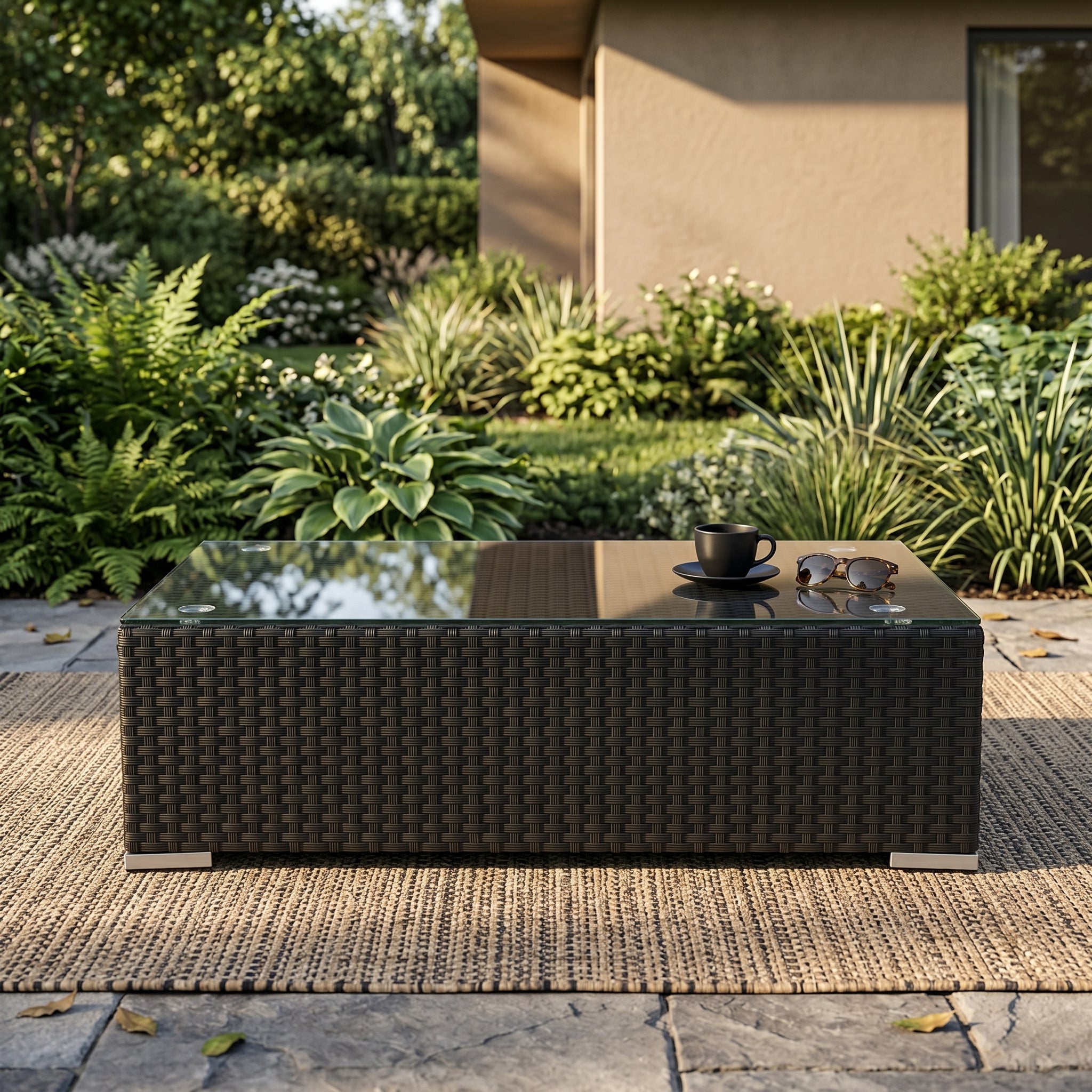 Mirabelle Lounge Bank mit schwarzer Glasplatte für den Outdoor-Garten