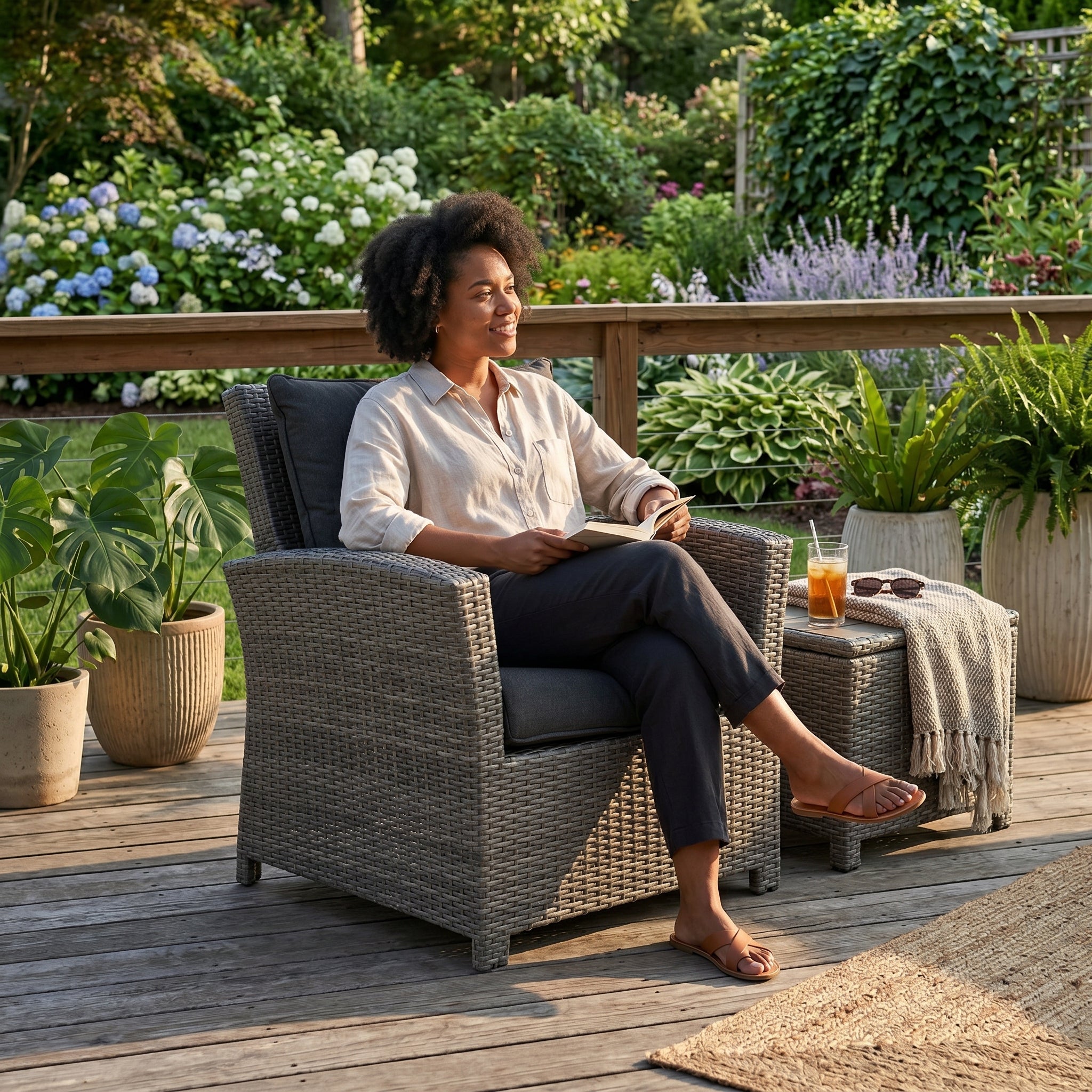 Mississippi Lounge Rattan Sessel in grau für den Outdoor Bereich mit Kissen