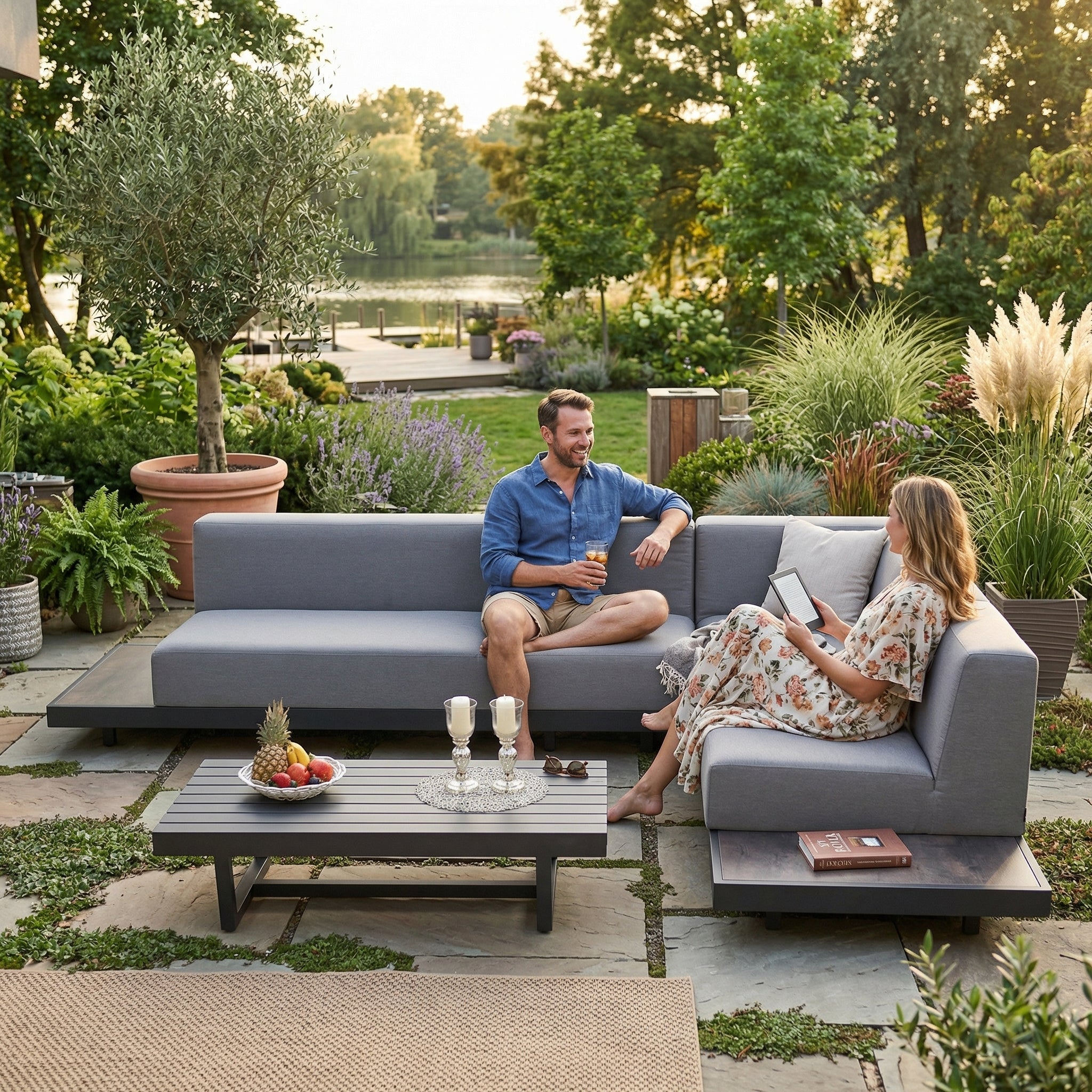 Moderne Outdoor Lounge Samu wetterfeste Sitzpolster grau