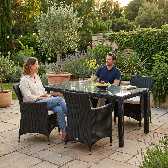 Montreal Gartentisch 180 schwarz mit Rattan Gartenstühlen für Terrasse