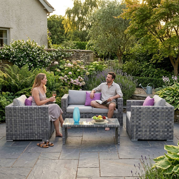 Moskito Rattan Gartenmöbel Lounge grau-braun für Terrasse und Garten