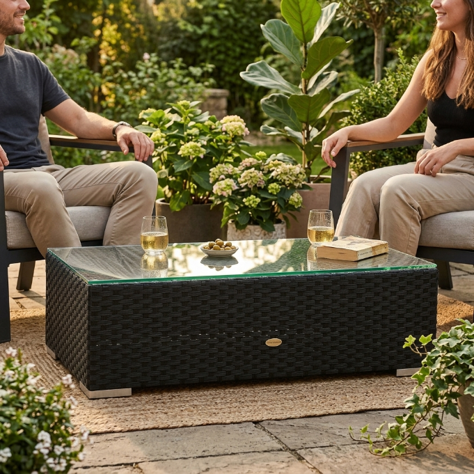 Navarro Rattan Lounge mit Glasplatte für den Outdoor Garten im modernen Design