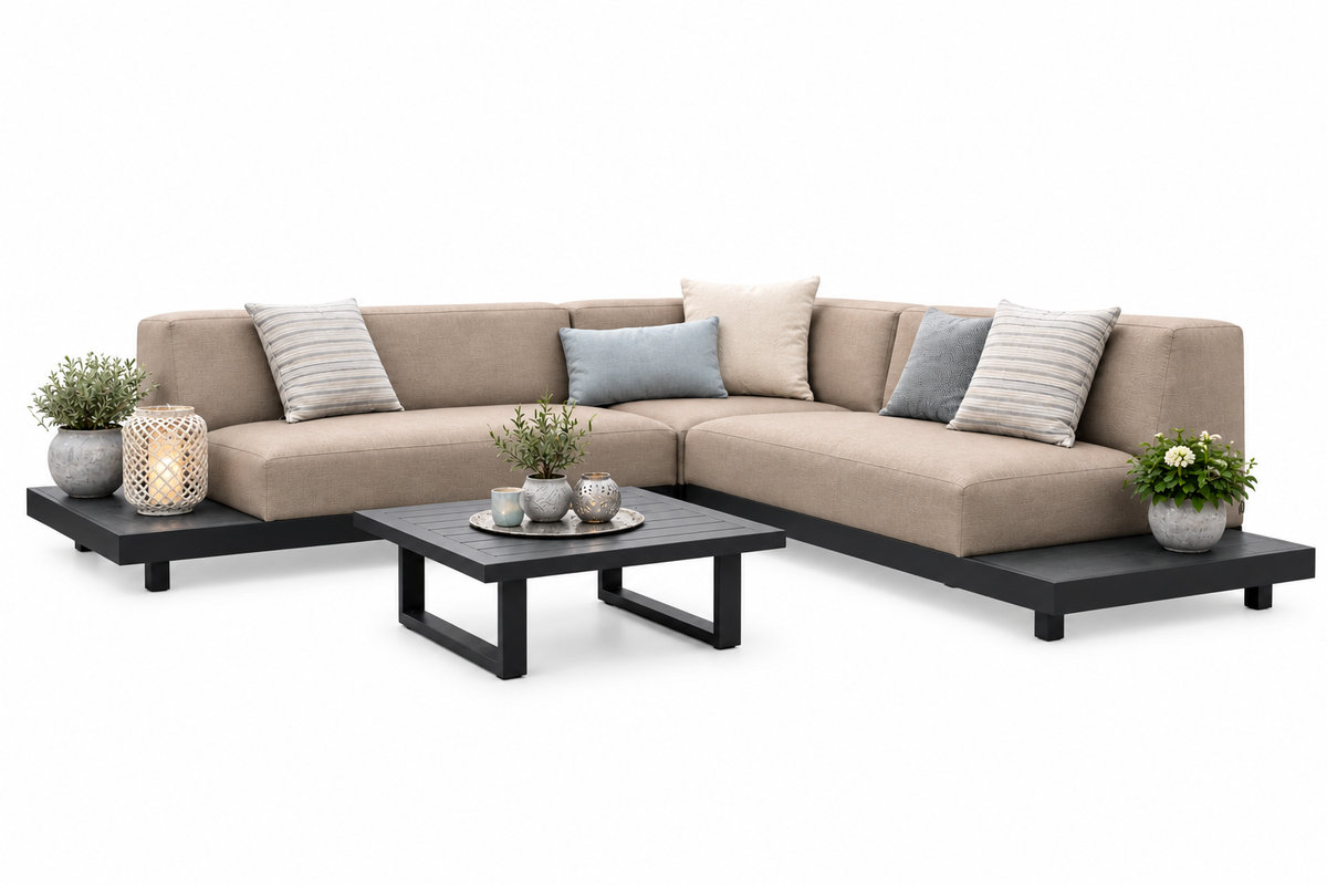 Ecklounge 250cmx2250cm auf weissem Hintergrund mit  Sunbrella Kissen