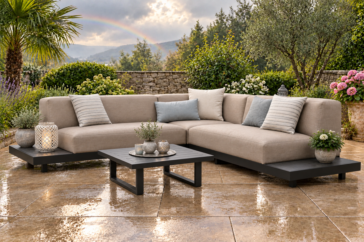 Gartenlounge im Regen auf einer Terrasse