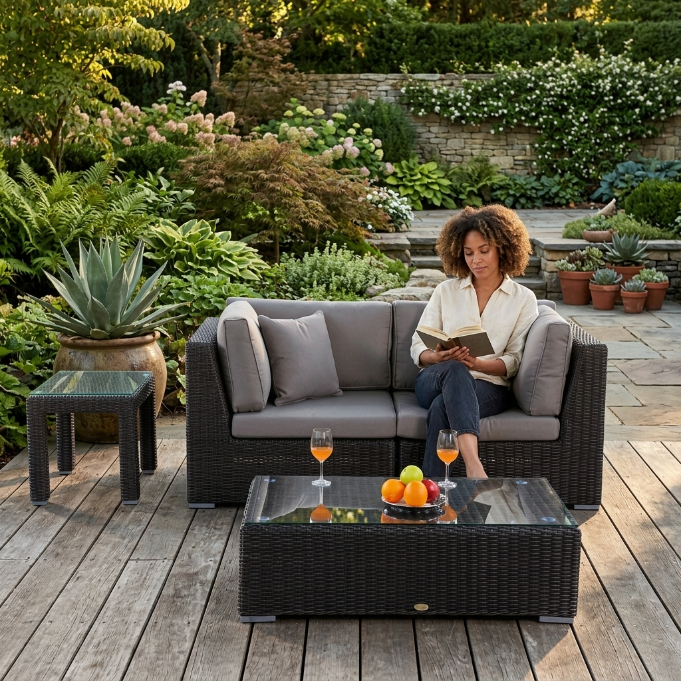 Rattan Gartenmöbel in Braun mit 2er Lounge und Tisch
