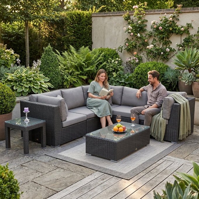 Braune Rattan Gartenmöbel-Lounge von Gartenmöbel mit Kissen