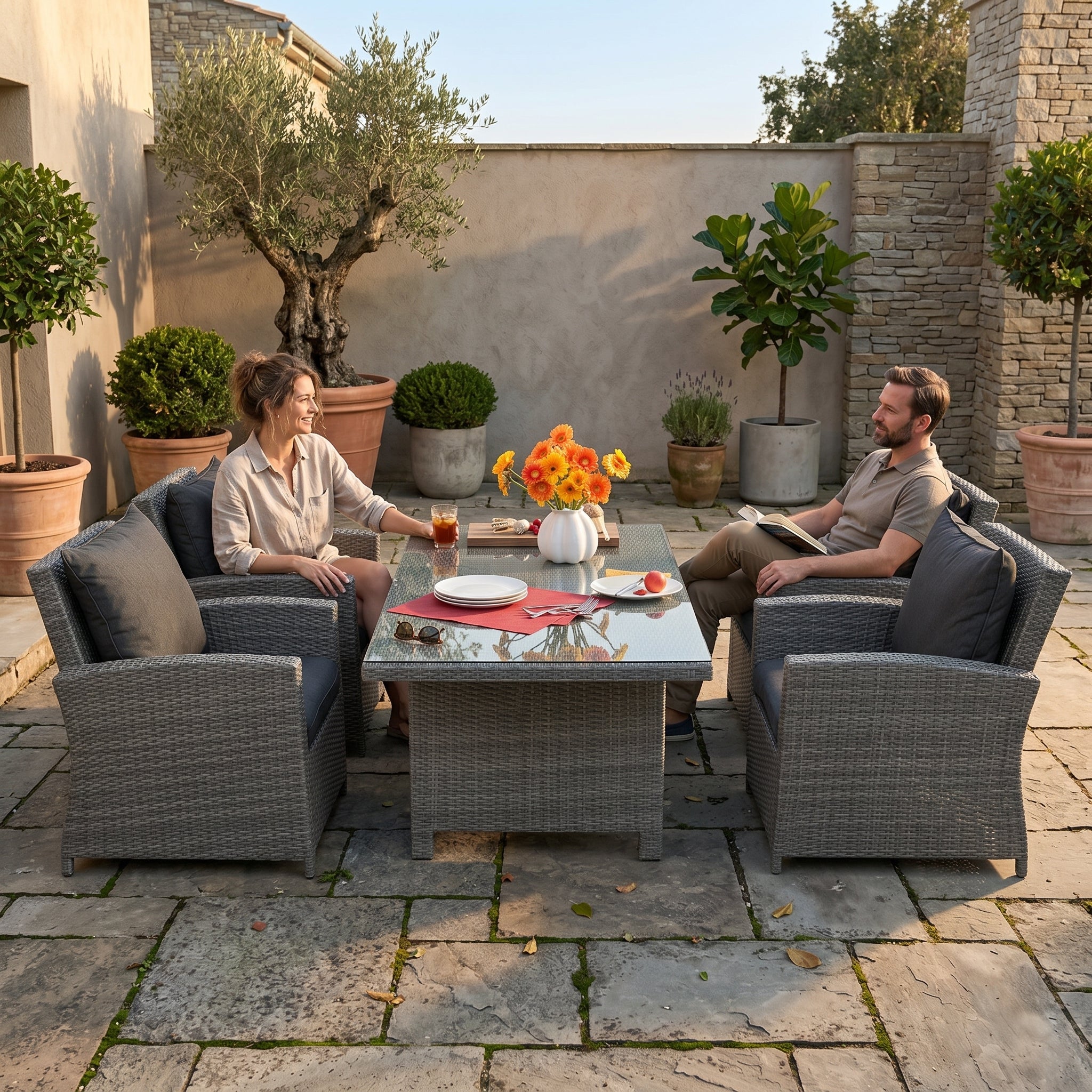 Oklahoma Rattan Gartentisch Lounge für Outdoor mit Glasplatte und Sitzpolstern