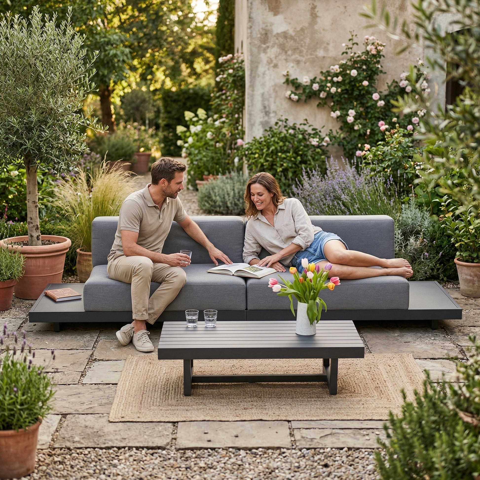 Outdoor Garten Lounge Sanya 4-Sitzer in grau mit Tisch im Garten