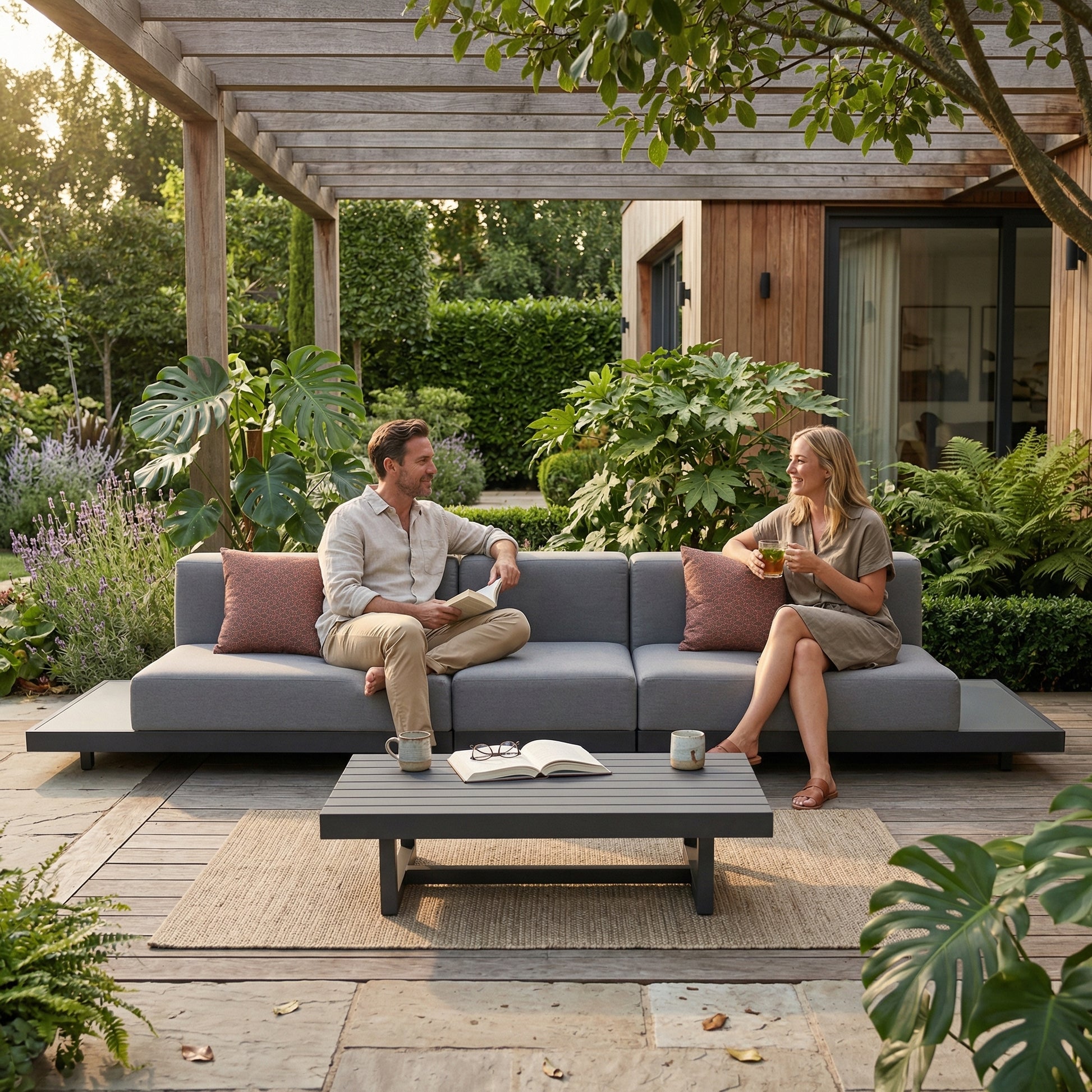 Outdoor Gartensofa Billabong 5-Sitzer in grau mit Kissen im Garten
