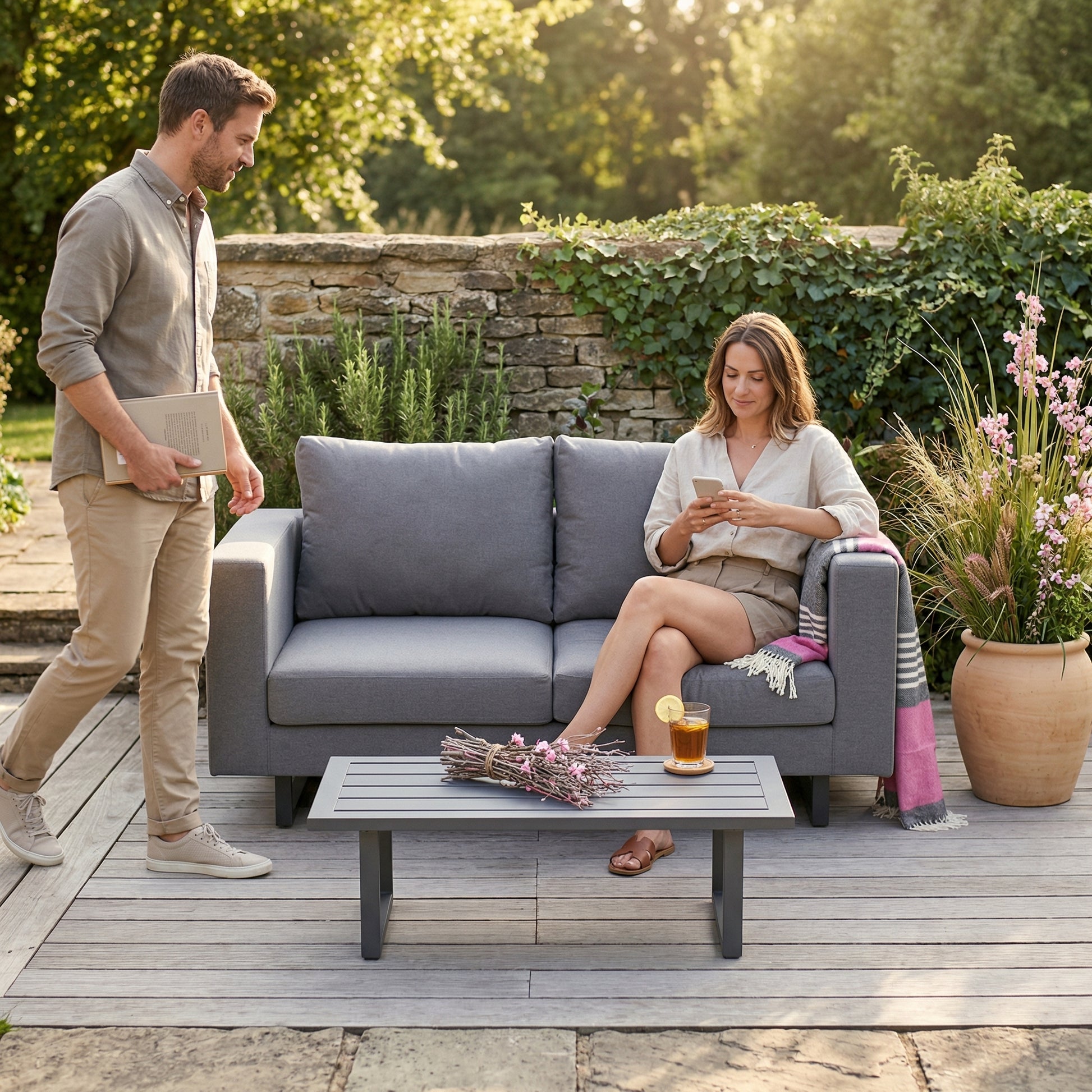Outdoor Lounge Möbel Sunita in grau mit wetterfestem Rattan und Tisch