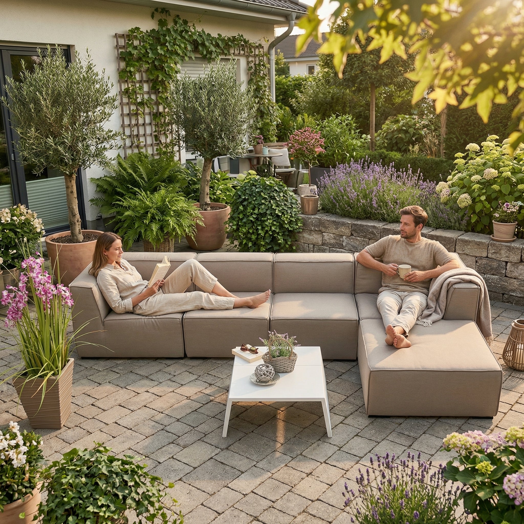 Outdoor fabric lounge Mia sand brown