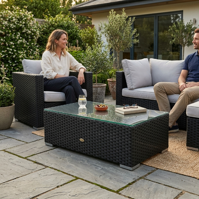Panorama Rattan Gartenmöbel Lounge mit Glasplatte für Outdoor-Bereich