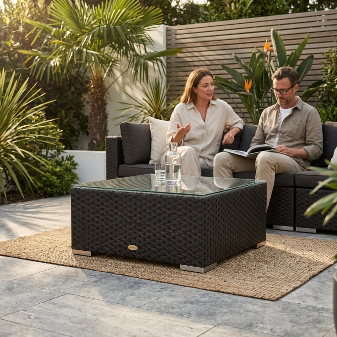 Panorama Rattan Lounge mit Glasplatte für Outdoor-Gartenmöbel im modernen Design