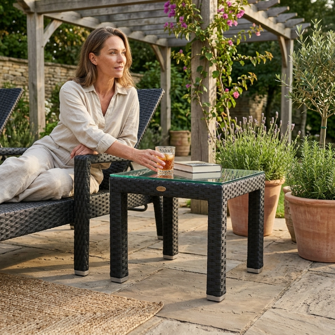 Schwarzer Panorama Rattan Lounge Seitentisch für Outdoor im Garten