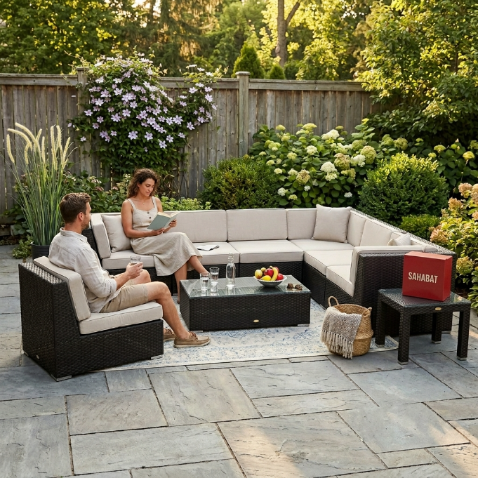 Beige Panorama Rattan Lounge Überzug für Outdoor-Gärten mit Sitzkissen