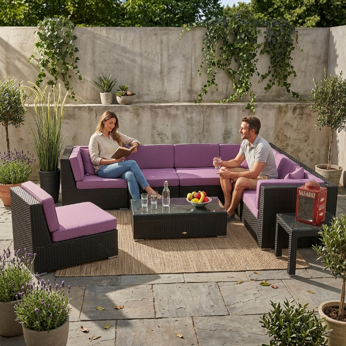Panorama Rattan Lounge Überzug in lila für den Outdoor Gartenbereich
