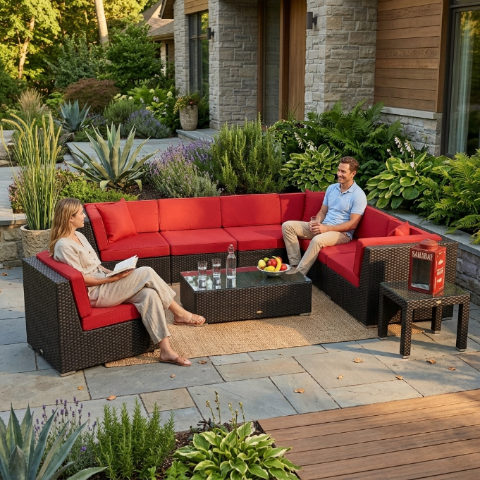 Panorama Rattan Lounge Überzug in rot für Outdoor-Gartenmöbel im Freien