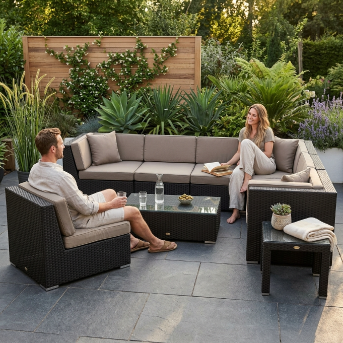 Panorama Rattan Lounge Überzug in sandbraun für den Outdoor-Gartenbereich