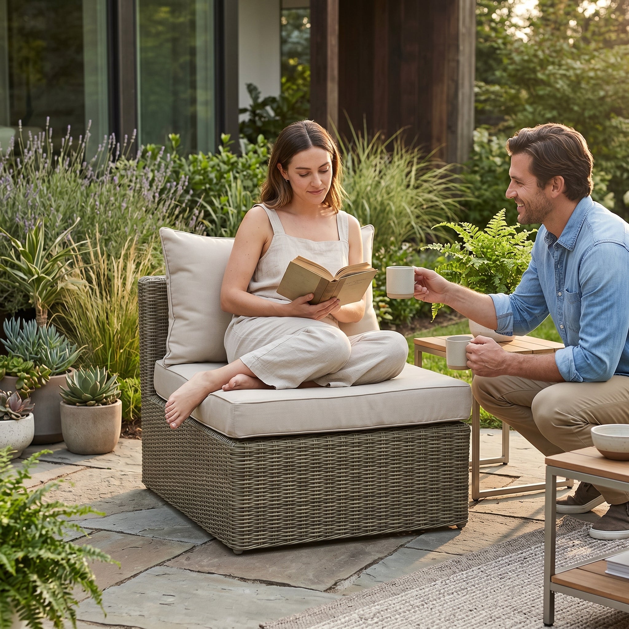Princeton Rattan Lounge Mittelement aus natürlichem Material mit Polster für den Outdoor-Garten