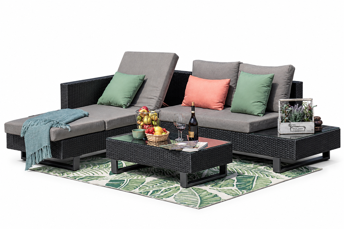 Rattan Lounge mit Liegestuhl schwarz